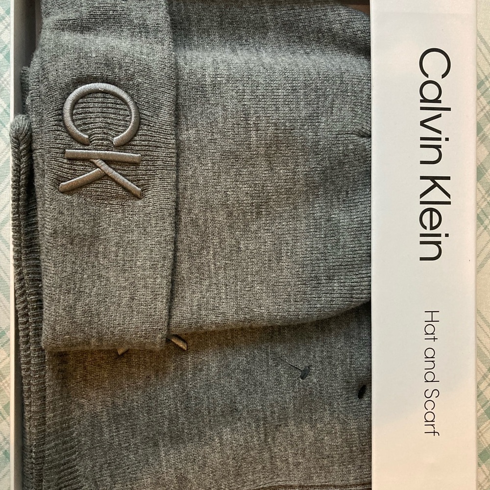 Calvin Klein Gray Hat and Scarf Set
